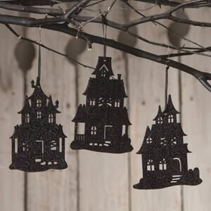 Bethany Lowe set of 3 Haunted House silhouette ornaments New Halloween